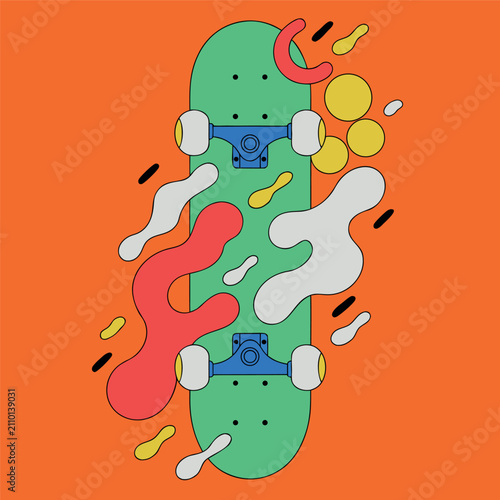 Colorful skateboard vector illustration with bright pink deck, blue wheels, abstract paint splash graphics, 