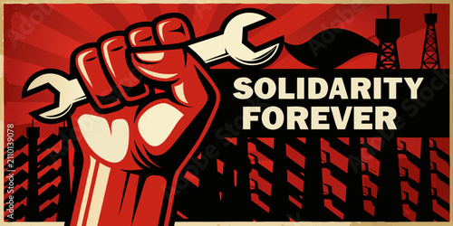 Tableau sur toile Raised Fist Holding Wrench Soviet Constructivist Style Propaganda Poster Illustr