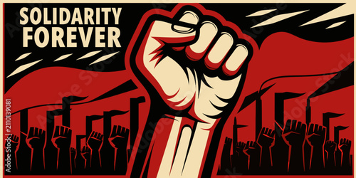 Canvastavla Raised Fist And Crowd Silhouette In Constructivist Style Propaganda Poster