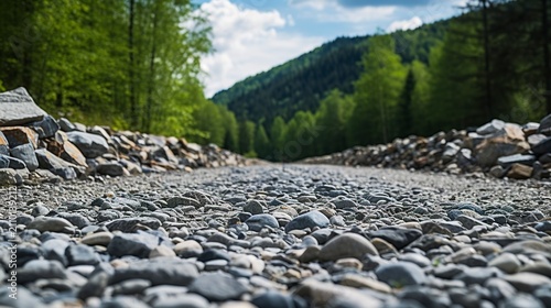 A photo of natural stone rocks on a gravel road.