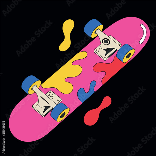 Colorful skateboard vector illustration with bright pink deck, blue wheels, abstract paint splash graphics, 