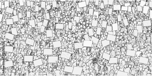 Crowd Of People Holding Blank Signs Detailed Black And White Line Art Illustration
