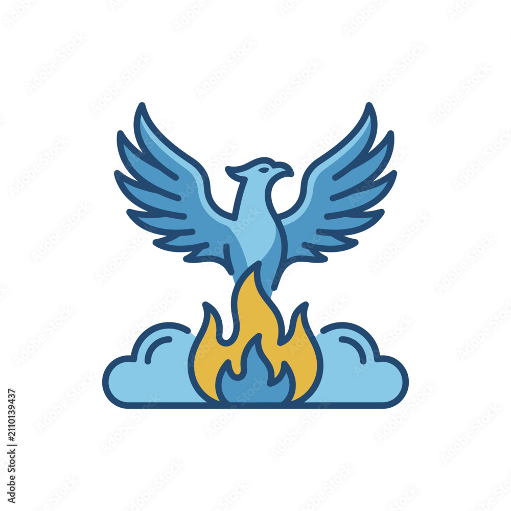 Naklejka premium Blue phoenix mythical bird rising from orange fire flames.