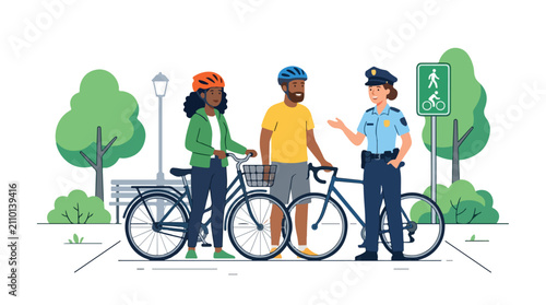 A friendly police officer talking to two cyclists in a park.
