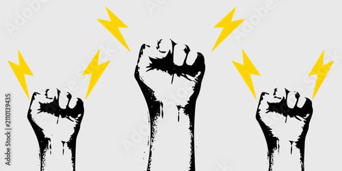 Raised fists and lightning bolts black silhouette on a light gray background