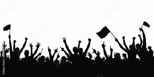 Crowd Silhouette With Raised Arms And Flags Against A White Background