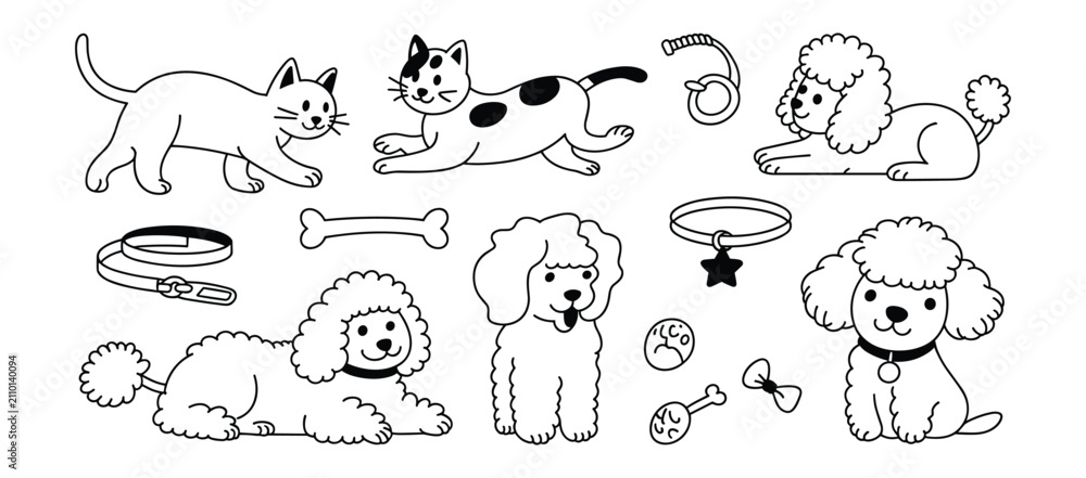 Obraz premium Collection of Cat and Dog Art: A charming illustration featuring various cats and dogs, including playful poodles, alongside pet accessories like collars, leashes, and toys, presented in a clean.