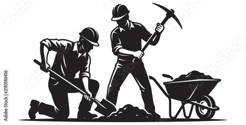 Canvastavla Construction Workers Silhouette Vector Illustration with Shovel, Pickaxe and Whe