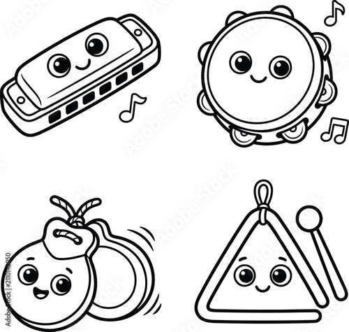 Foto Cute cartoon assortment of musical instruments including harmonica tambourine castanets and triangle coloring page for kids