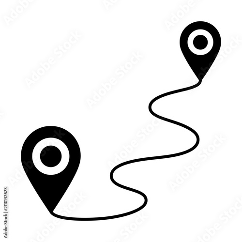 Two location pins connected by a curved path line in a minimalist black and white design for mapping or travel purposes.