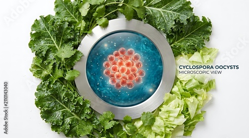 Microscopic view of cyclospora oocysts on green leafy vegetables linked to foodborne illness