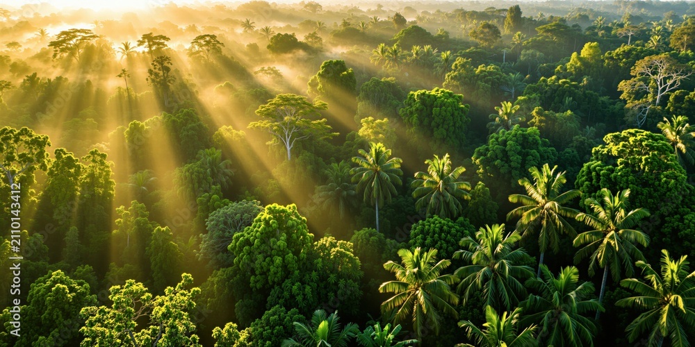 Naklejka premium Aerial view of green rainforest at sunrise. Golden sunlight shines through heavy morning mist over dense tropical jungle vegetation. Many palm trees grow in wild deep forest landscape. Nature scenery
