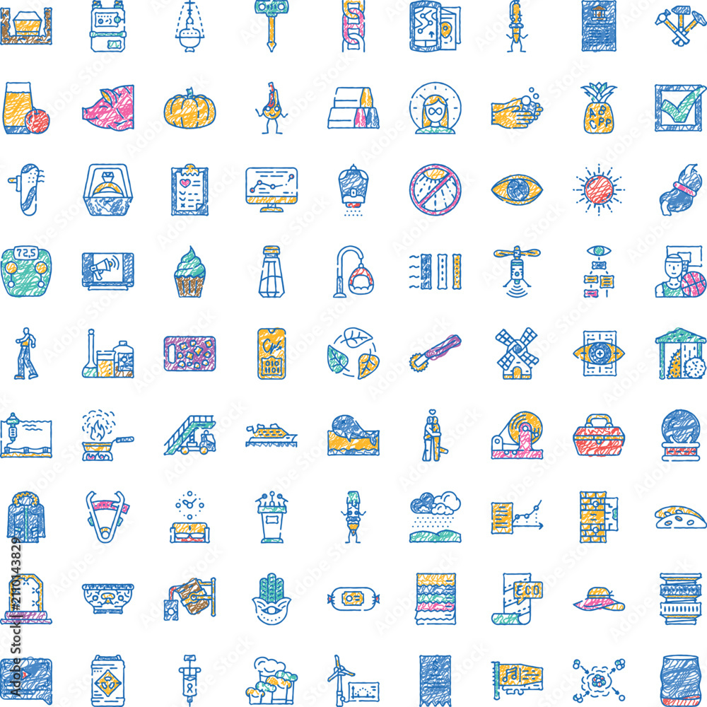Fototapeta premium Collection of colorful sketched icons covering a wide variety of subjects and themes, illustrating concepts in technology, nature, food, science, and everyday objects with a doodle art style