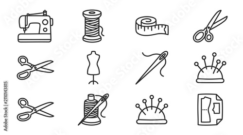 Foto Sewing Icons: Sewing Machine, Scissors, Needle, Thread, Mannequin, Measuring Tap