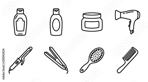 Hair Care and Styling Tools Icons - Shampoo, Conditioner, Hair Dryer, Straightener, Curler, Brush, Comb