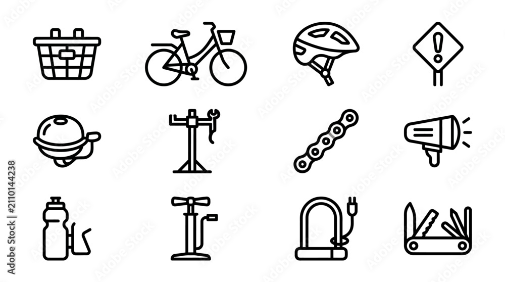 Fototapeta premium Bicycle Accessories and Parts Icons Set - Line Art