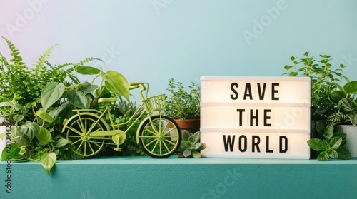 A decorative bicycle model surrounded by lush green plants with a sign promoting environmental awareness for the annual celebration of world car free day