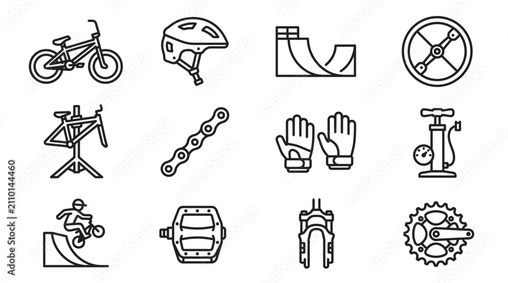 Fototapeta premium Bicycle Sports Icons: BMX Bike, Helmet, Ramp, Pump, Chain, Pedals, Forks, Gears