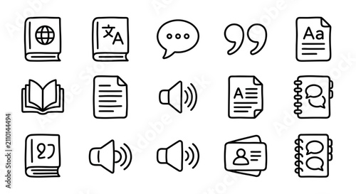 Foto Collection of Translation and Communication Icons: Language, Speech, Document, Audio, and Contact symbols