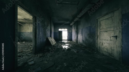 Narrow corridor leading to distant light, floor covered with rubble and dust, dingy walls with water stains, atmosphere of solitude and forgotten stories,