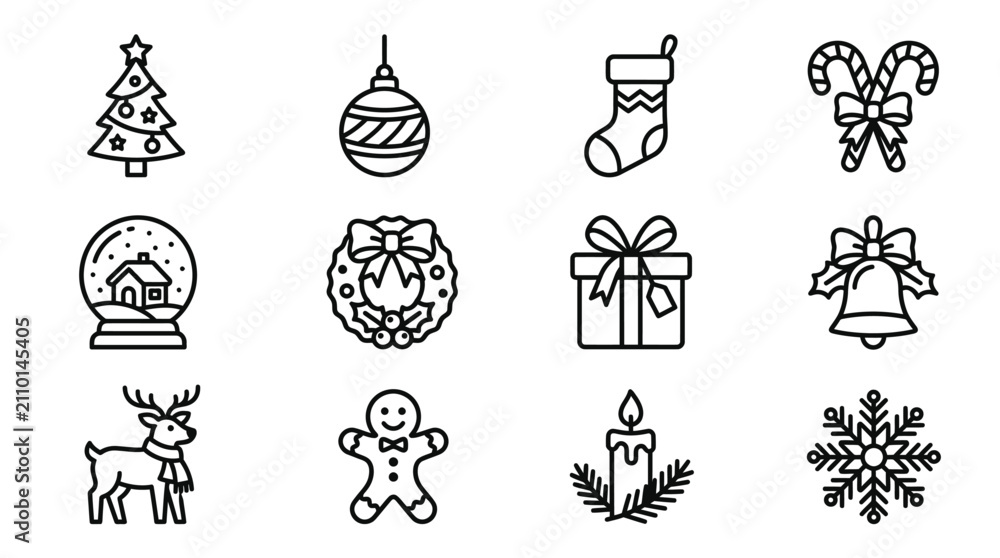 Fototapeta premium Christmas Icons Set: Tree, Snow Globe, Stocking, Bell, Reindeer, Snowflake, Gift, Wreath
