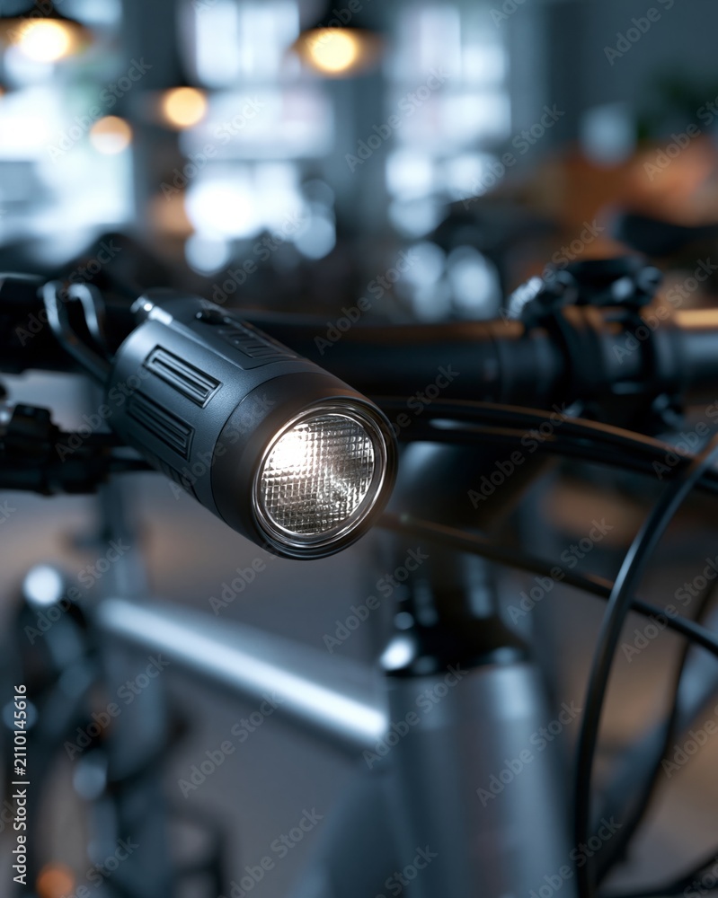 Fototapeta premium Close-up of Bicycle Handlebar with Front Light for Student Commuter Safety