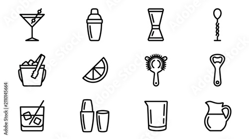 Foto Cocktail Bar Tools Icons: Martini, Shaker, Jigger, Strainer, Ice Bucket, Lime
