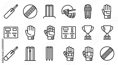 Obraz na płótnie Cricket Equipment Icons: Bat, Ball, Wicket, Helmet, Gloves, Trophy, Scoreboard