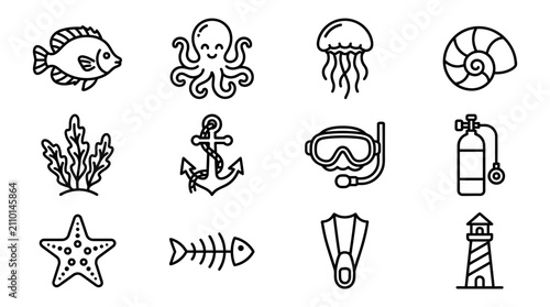 Nautical Icons Set: Underwater Life, Marine Objects and Diving Gear