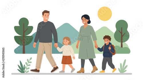 Foto Family walking together provides a heartwarming illustration of togetherness and an active lifestyle, perfect for themes of parental guidance and childhood development