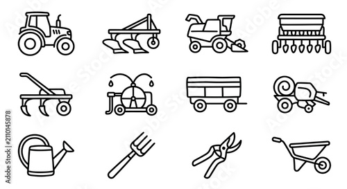 Canvastavla Farm Equipment Icons: Tractor, Plow, Harvester, Seeder, Sprinkler, Trailer, Bale