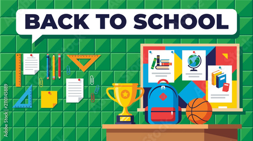 Cuadro en lienzo This comprehensive back-to-school illustration presents various educational items, including a trophy, backpack, and bulletin board, emphasizing preparedness and success