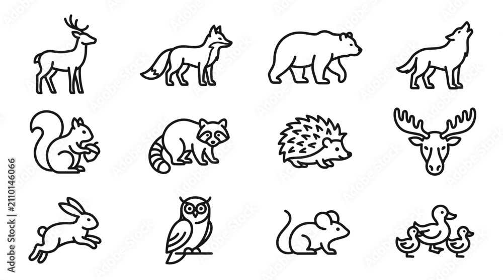 Fototapeta premium Set of Forest Animals Icons: Deer, Fox, Bear, Wolf, Squirrel, Raccoon, Hedgehog, Moose