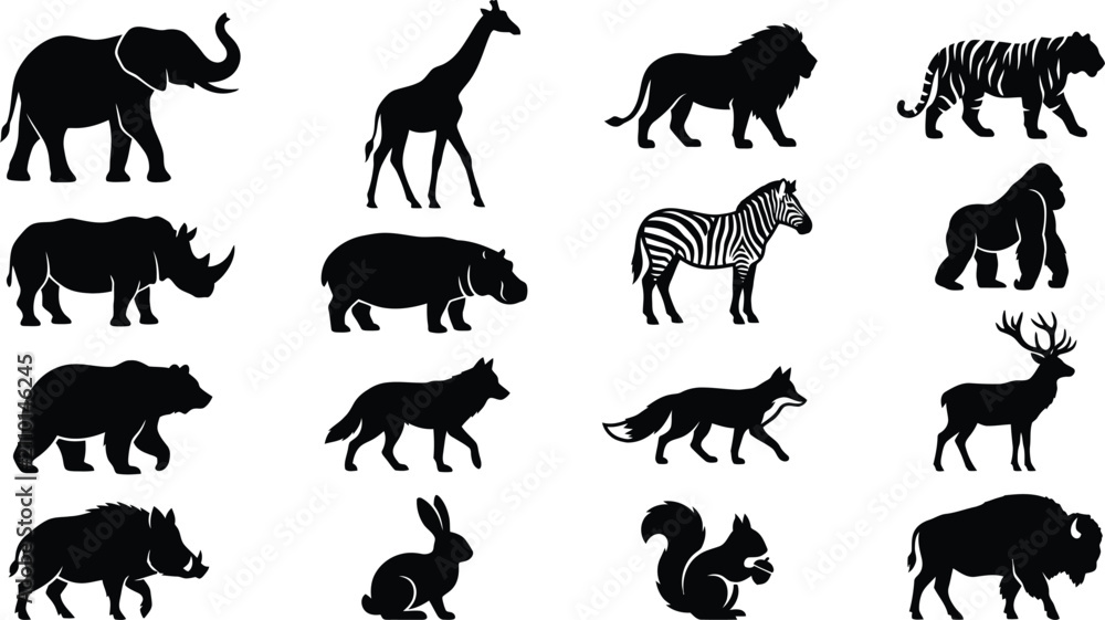 Obraz premium Set of wild animal silhouettes including african and forest species