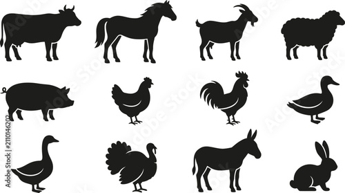 Fotografía Group of farm animal silhouettes including livestock and poultry