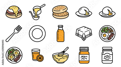 Photos Breakfast Food Icons: Eggs Benedict, Pancakes, Bacon, Orange Juice, Sauce