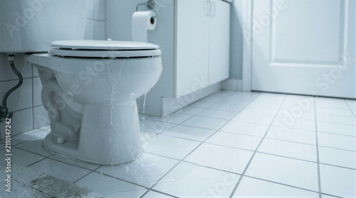 Overflowing toilet bowl with water leaking onto tile bathroom floor. Home maintenance problem with plumbing failure. Indoor appliance damage and household repair emergency concept.