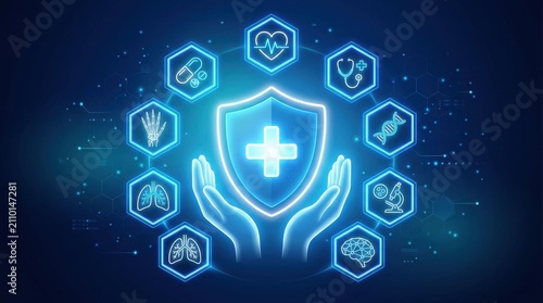 Digital illustration of a glowing blue medical shield held by hands surrounded by various healthcare and science icons on dark background