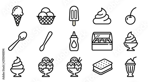Ice Cream Icons Set: Cones, Cups, Popsicle, Swirls, Sundae, Sandwich, Shake