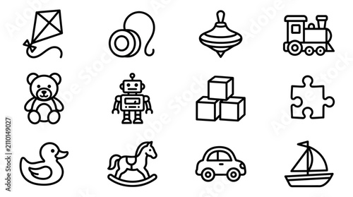 Foto Collection of classic toy icons: kite, yo-yo, spinning top, train, teddy bear, r