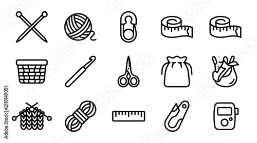 Knitting & Sewing Icons Set: Yarn, Needles, Scissors, Tape Measure, Crochet Hook
