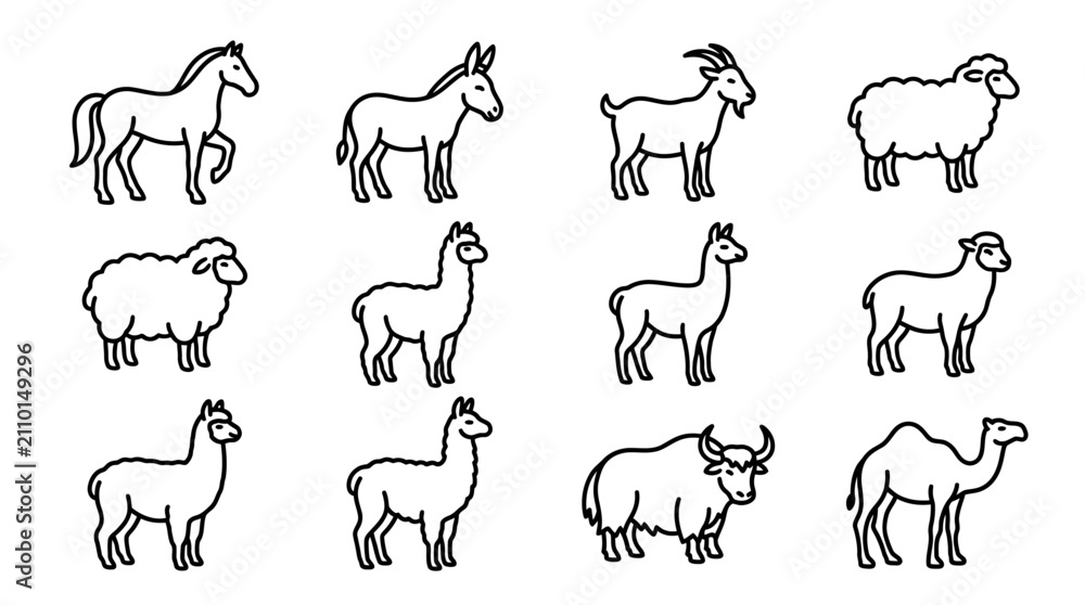 Fototapeta premium Collection of Farm Animal Icons: Horse, Donkey, Goat, Sheep, Llama, Yak, Camel