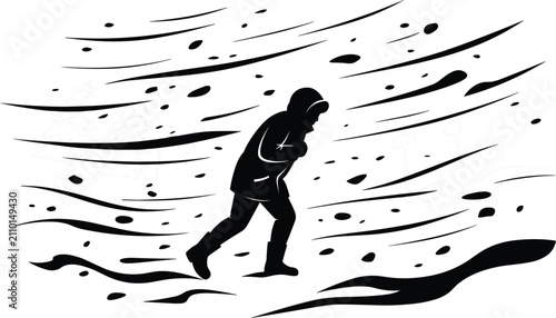 Foto Black silhouette of person walking in strong wind storm harsh weather scene wint