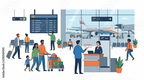 Vector Airport terminal scene with passengers checking in and waiting for flights near an airplane
