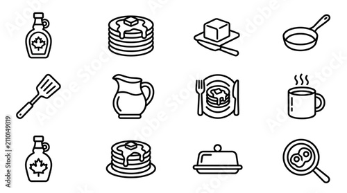 Pancake Breakfast Icons: Maple Syrup, Butter, Coffee, Spatula, Frying Pan, Jug