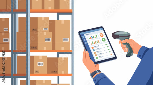 Vector Warehouse inventory management with tablet and barcode scanner for efficient logistics and supply chain tracking