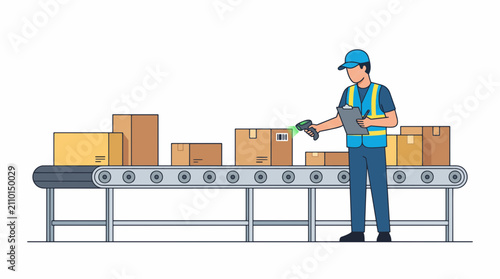 Vector Warehouse worker scanning packages on a conveyor belt with a barcode scanner and clipboard