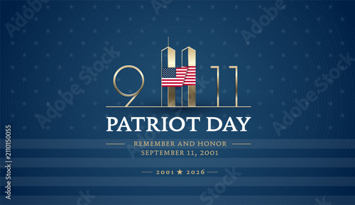 Photography Patriot Day 9/11 Memorial illustration with USA flag, golden 911 design, Patriot Day typography on blue background