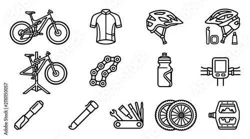 Mountain Biking Gear Icons: Bike, Helmet, Tools, Clothing, Accessories