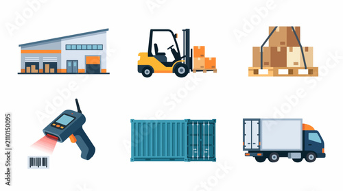 Vector Logistics and Supply Chain Icons Warehouse Forklift Shipping Container Truck Scanner and Pallet of Boxes